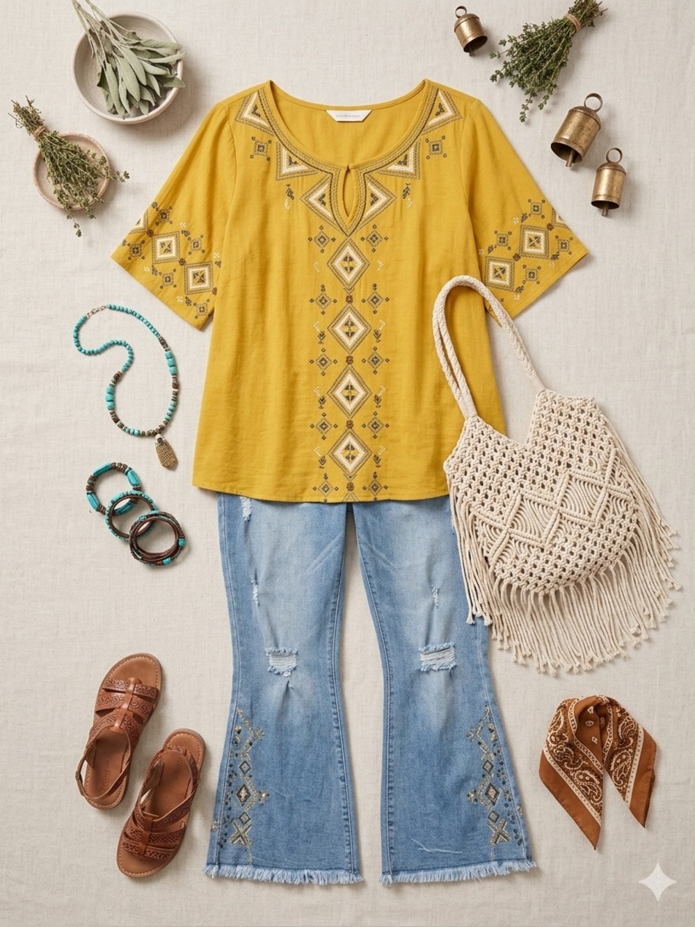 Tempted Hearts Boho Embroidered Mustard Yellow Top Blouse Plus Size 1X